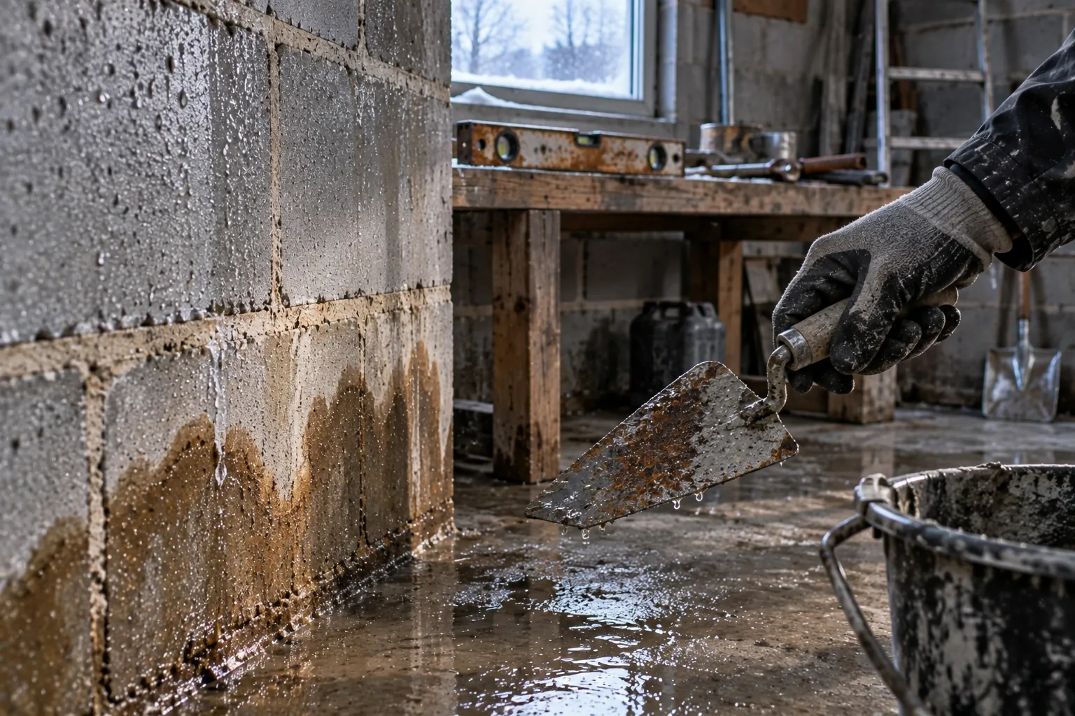 Main tenant une truelle rouillée dans un garage humide, mur en parpaing tachés d'eau condensée et d'efflorescence.