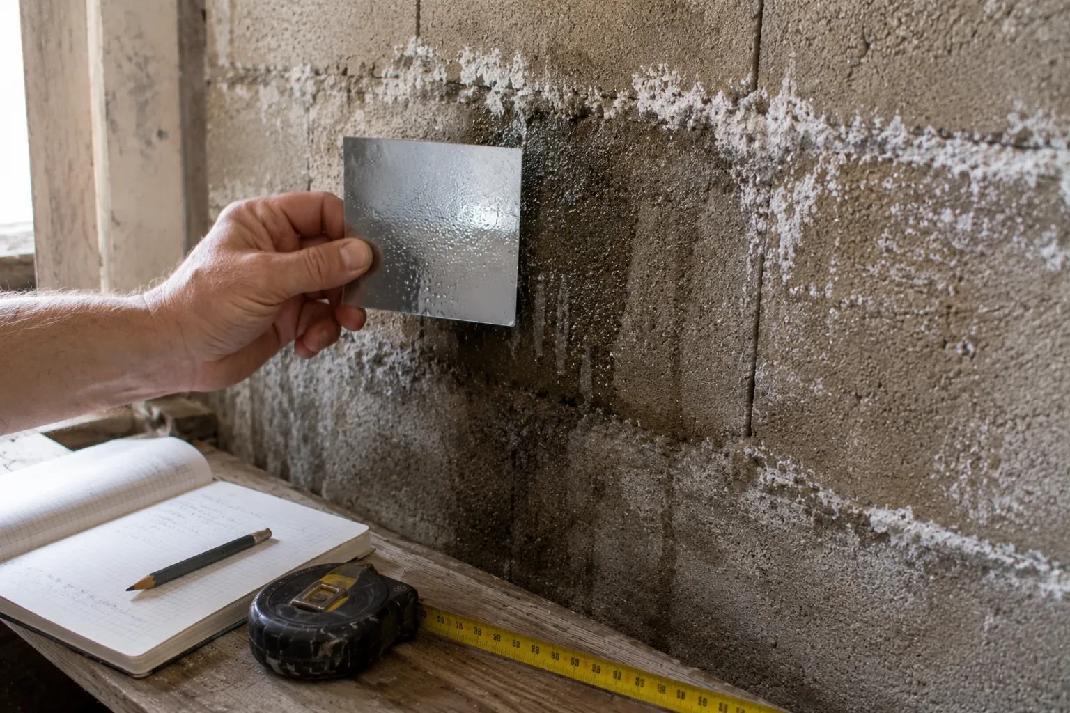 Une main teste l'humidité d'un mur tâché en appliquant un film plastique, avec outils de diagnostic à proximité.