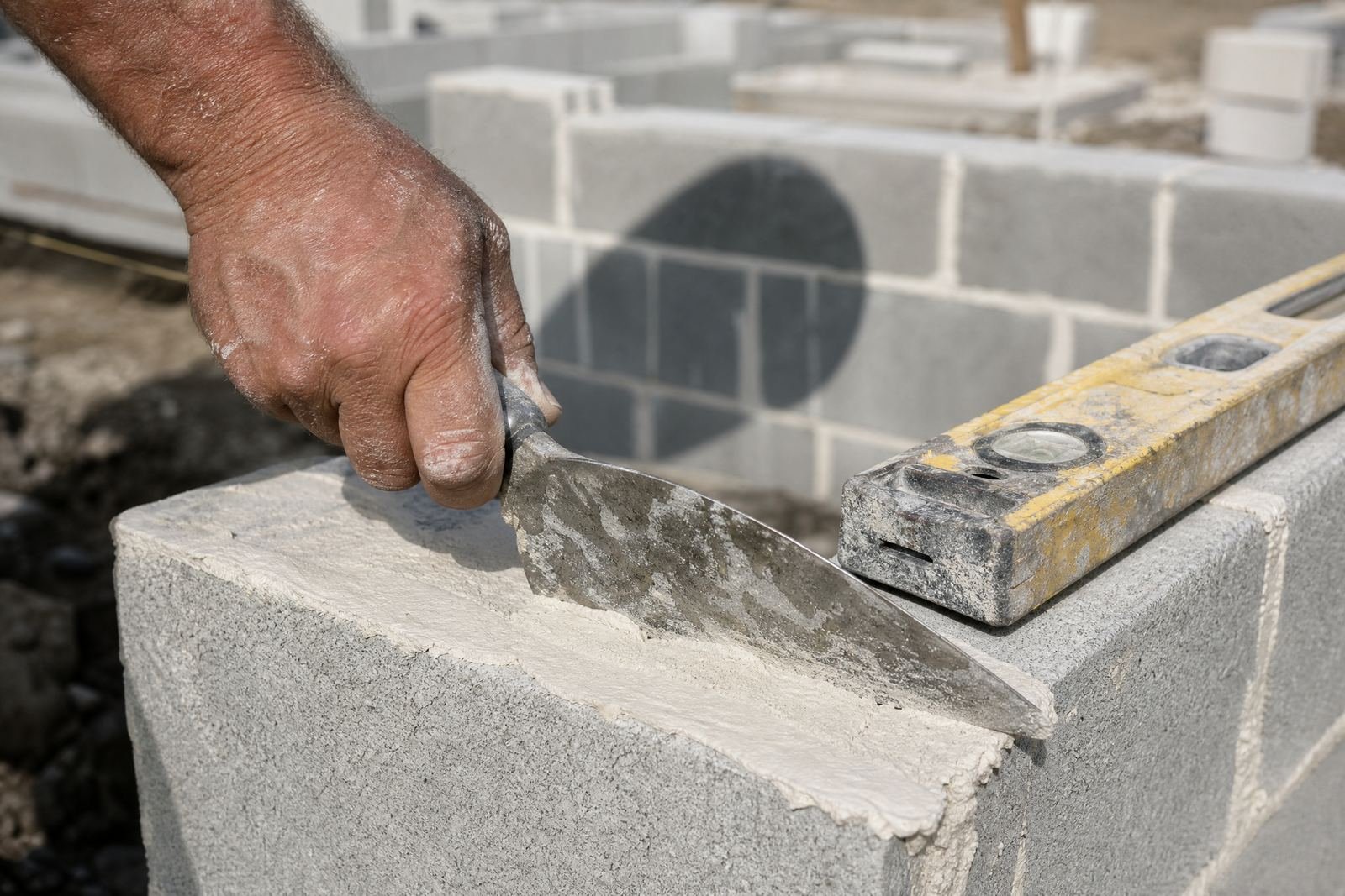 Main lissant à la truelle le mortier du dernier rang d'un mur de clôture, niveau posé sur les blocs.