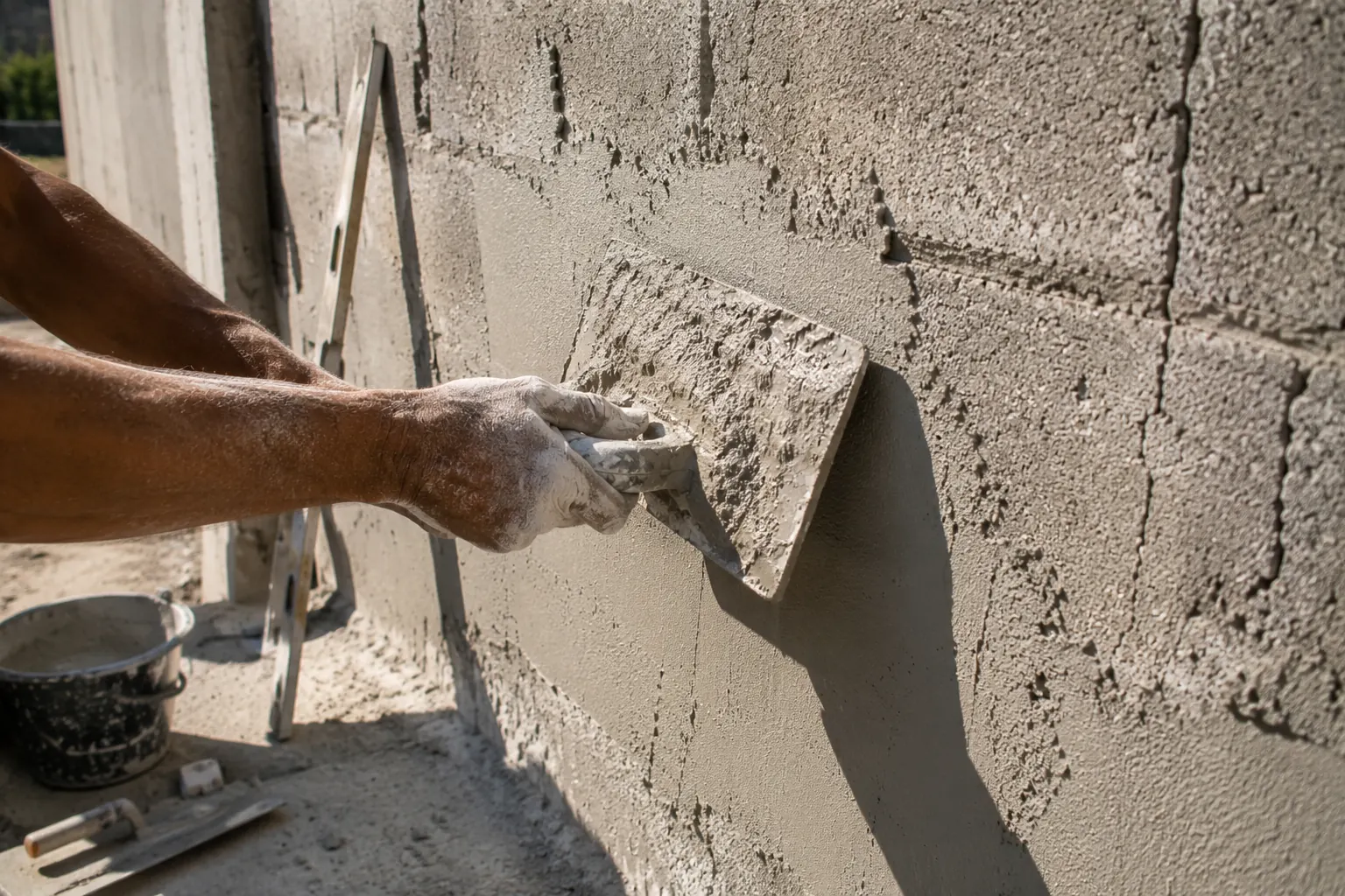Mains enduite de mortier appliquant un enduit frais sur un mur en parpaing brut exposé au soleil d'un chantier réel.