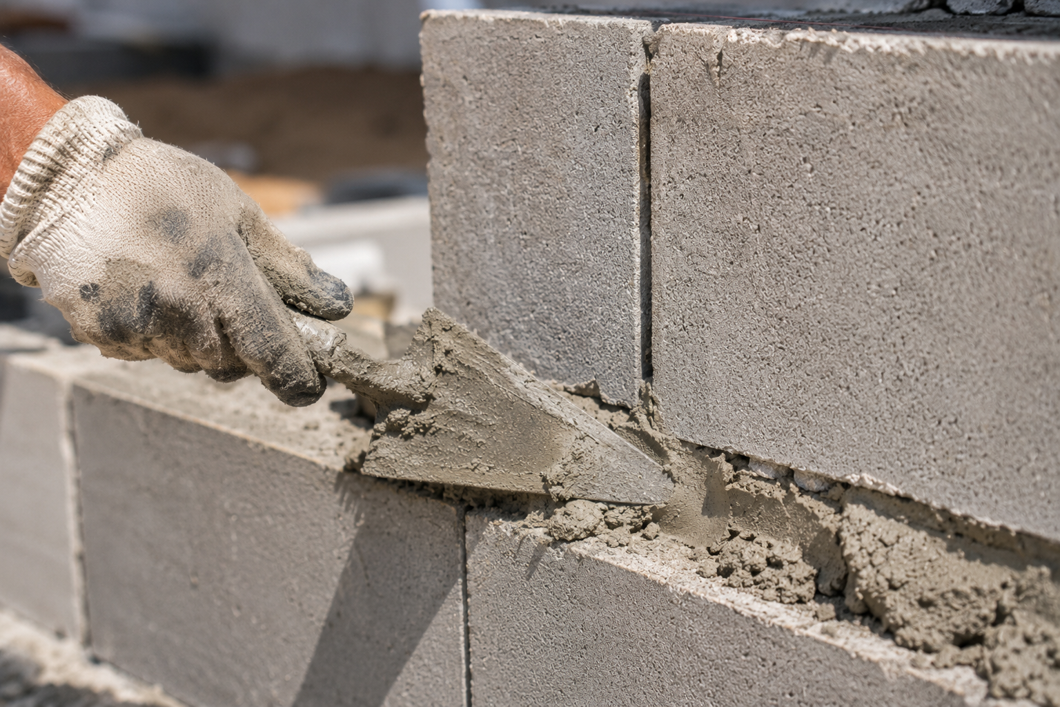 Une main gantée applique du mortier gris entre deux parpaings avec une truelle, montrant l'épaisseur du joint sur un chantier réel en lumière naturelle.