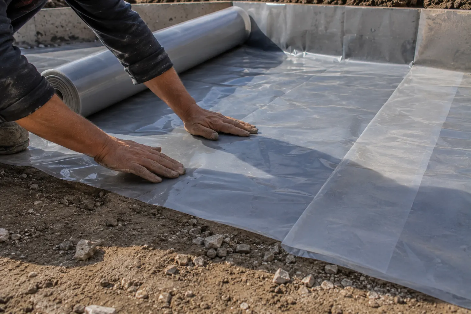 Mains posant un film polyane translucide sur le sol préparé d'un chantier, le film recouvrant la base poussiéreuse avec chevauchement visible.