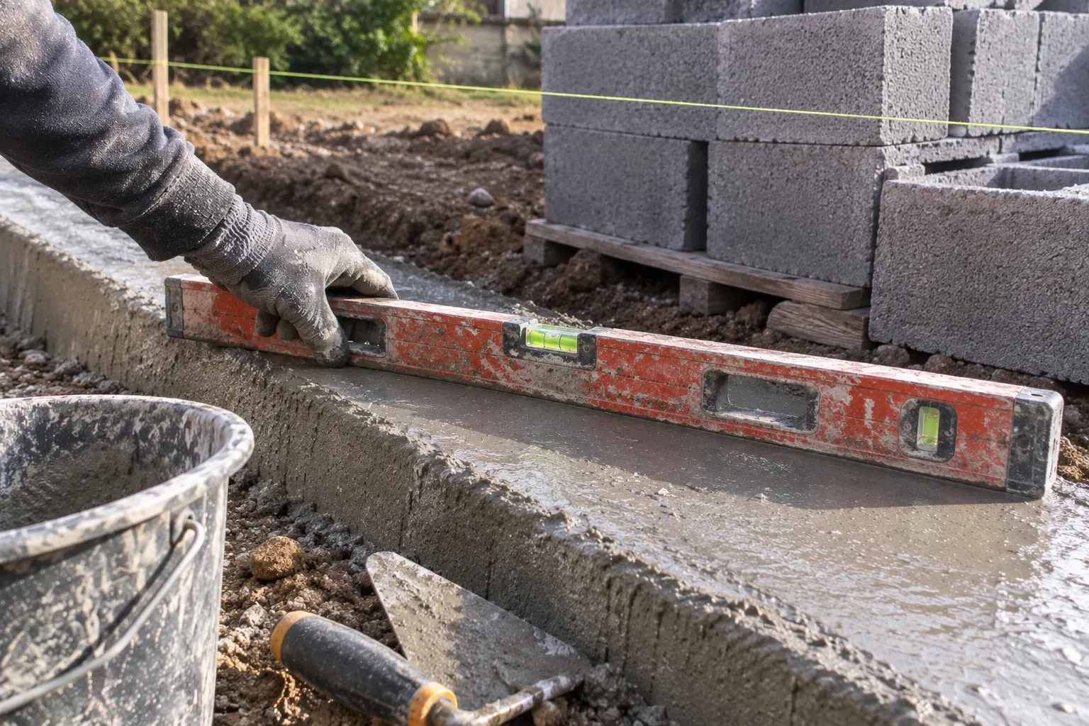 Une main vérifie à l'aide d'un niveau la planéité d'une semelle filante en béton frais sur un chantier de fondation de mur.