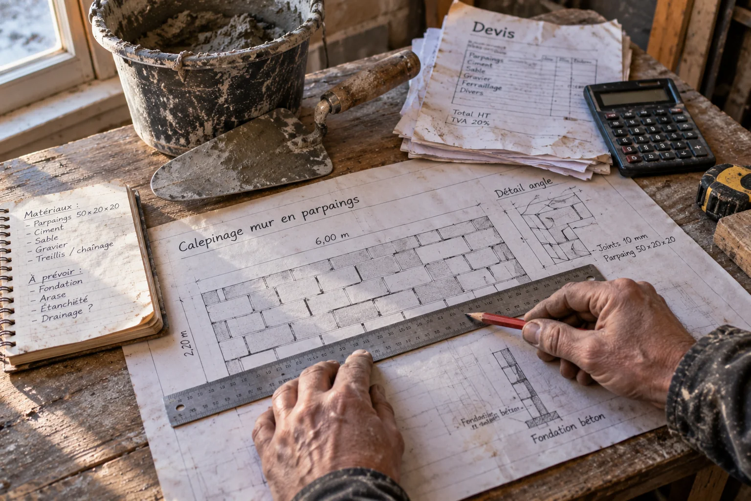 Mains traçant des repères sur un plan de calepinage de parpaings, entourées d'outils et de devis sur une table de chantier.