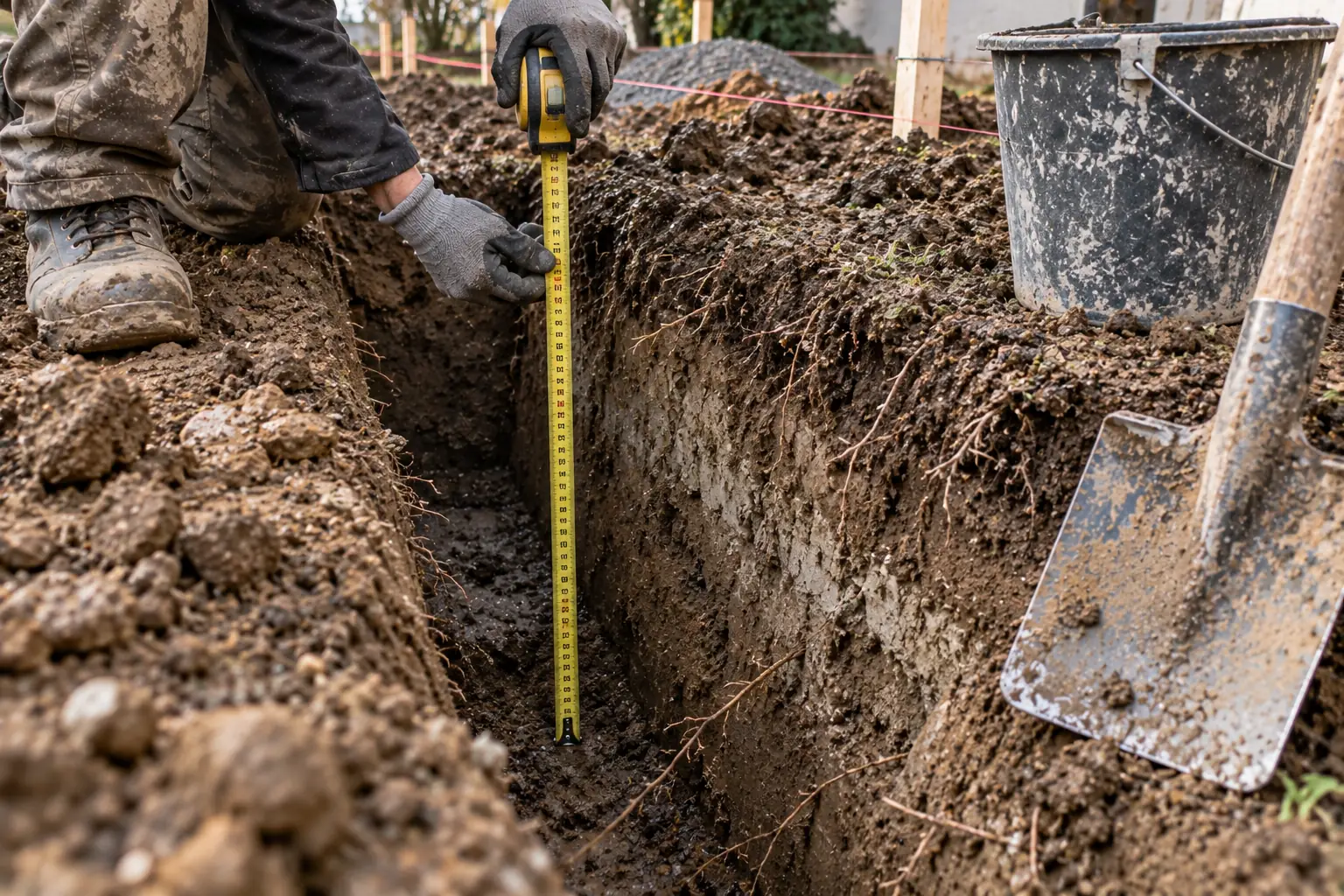 Une main gantée vérifie la profondeur d'une tranchée de fondation avec un mètre, terre humide et outils de chantier visibles.