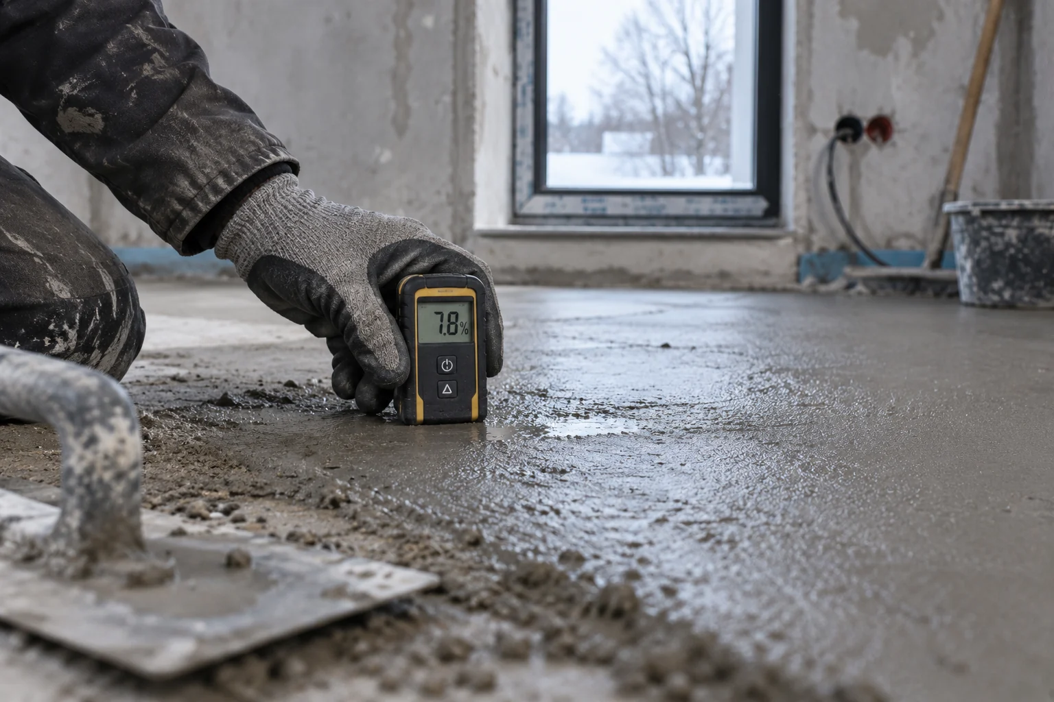 Une main gantée mesure l'humidité d'une dalle de béton frais en hiver, dans un chantier aux murs nus.